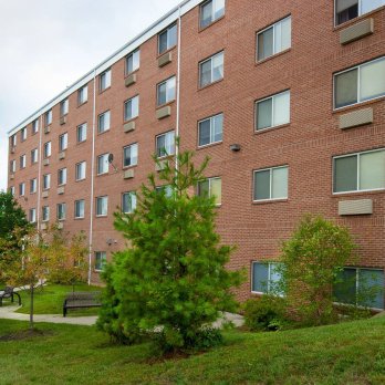 side view of Judson Terrace building with tree and bench